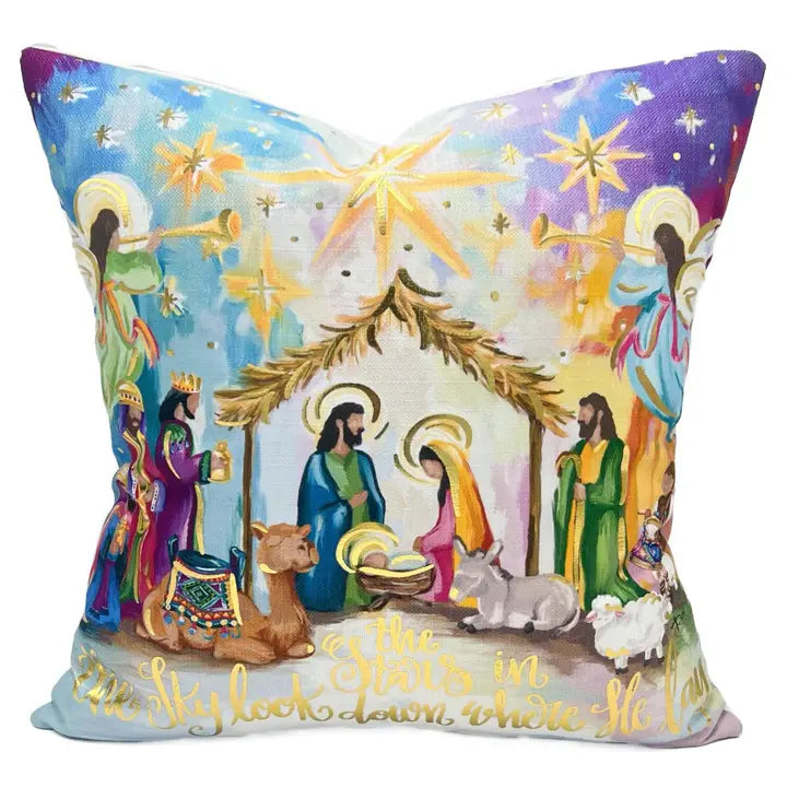 Gold Foil Colorful Stars Nativity Pillow- Velvet
