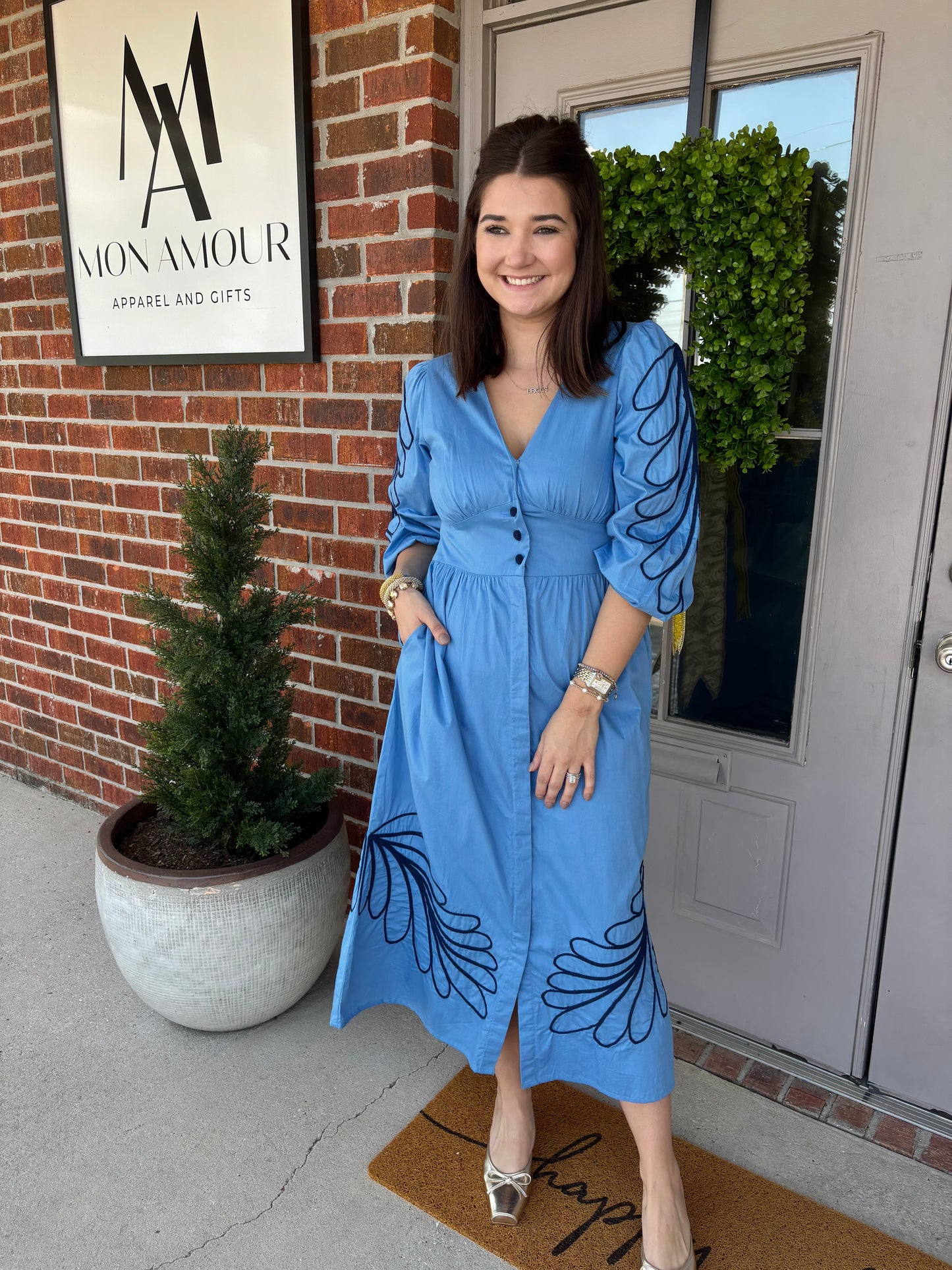 Emily Embroidered Blue Midi Dress