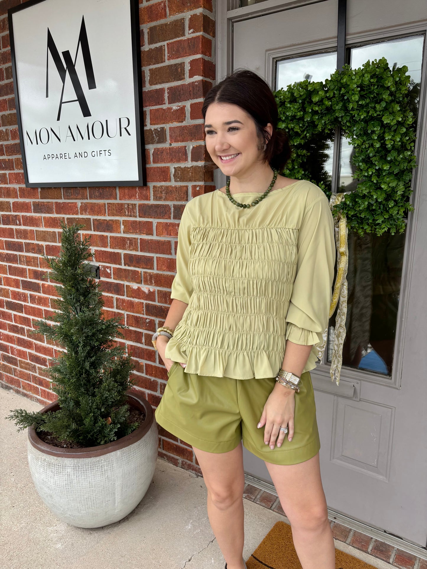 Sally Satin Blouse in Pear