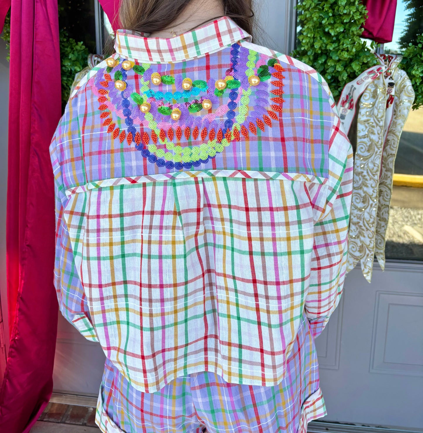 QOS Colorblock Plaid Mardi Gras Beads Button Up Top