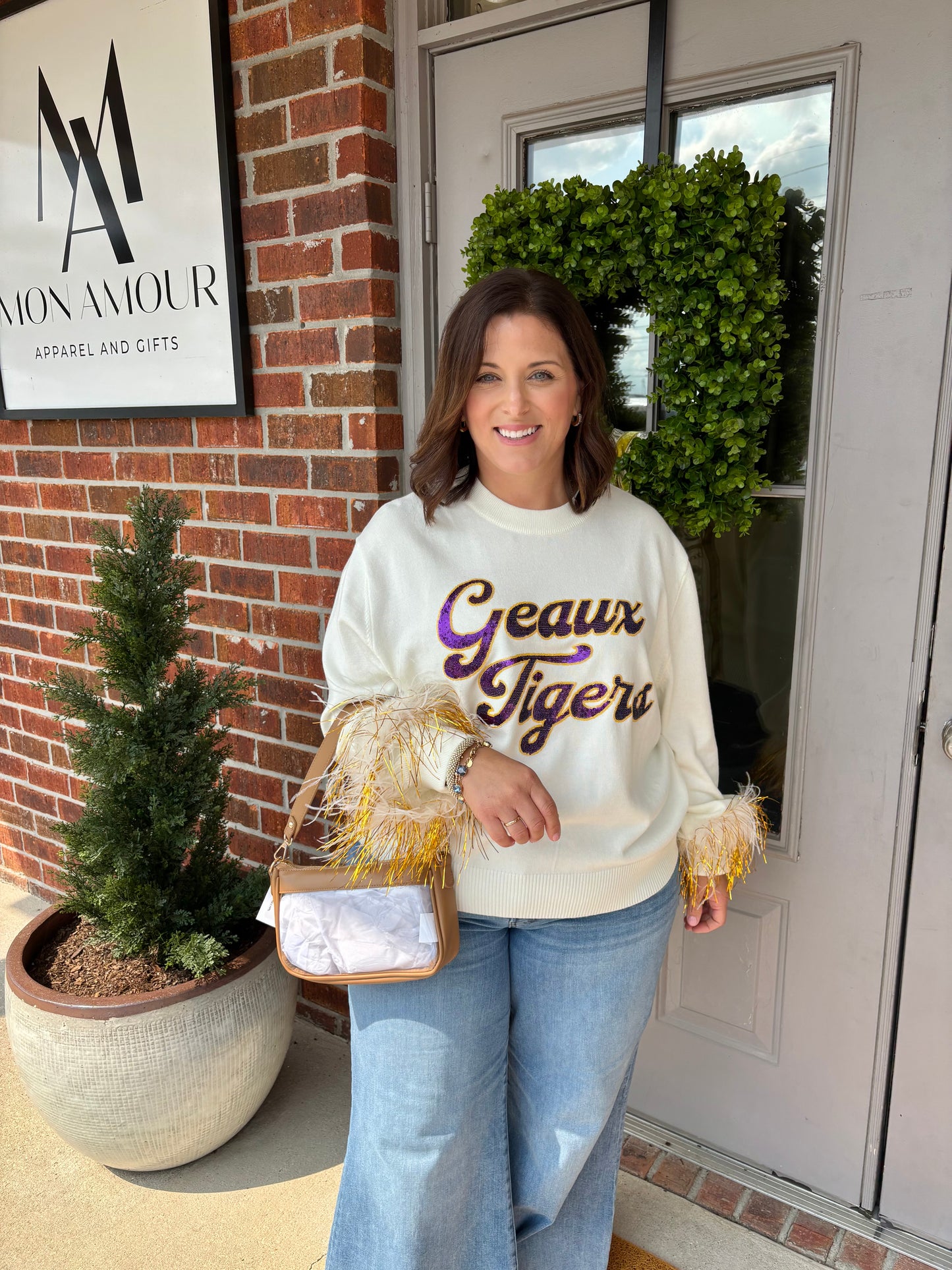 QOS Licensed LSU Feather Sleeve Sweater