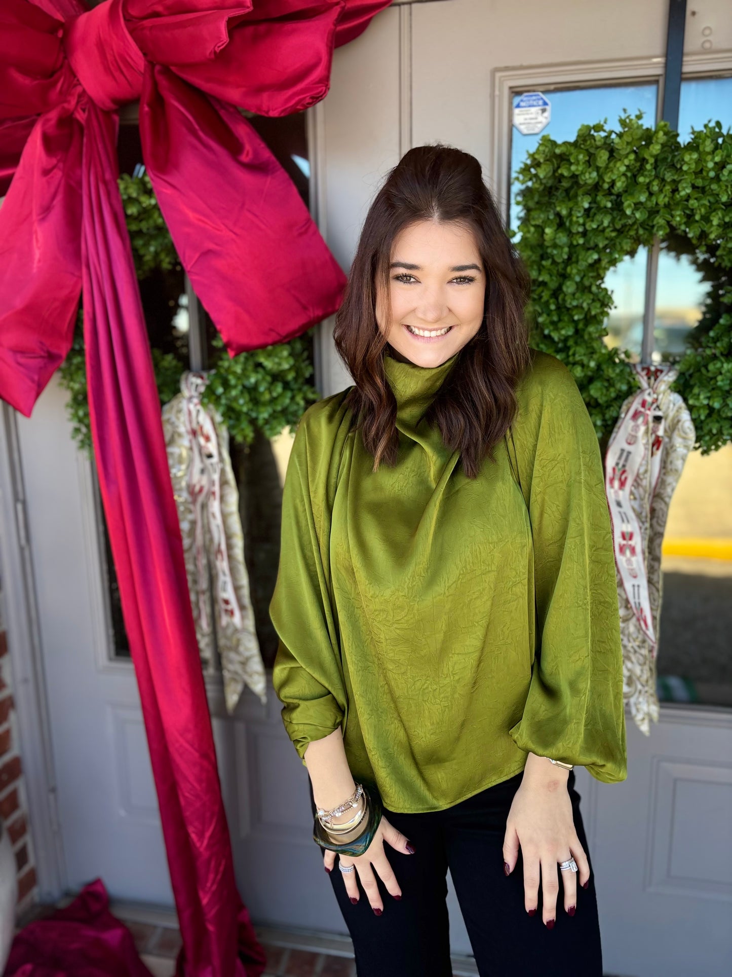 Satin Mock Neck Long Sleeve Blouse