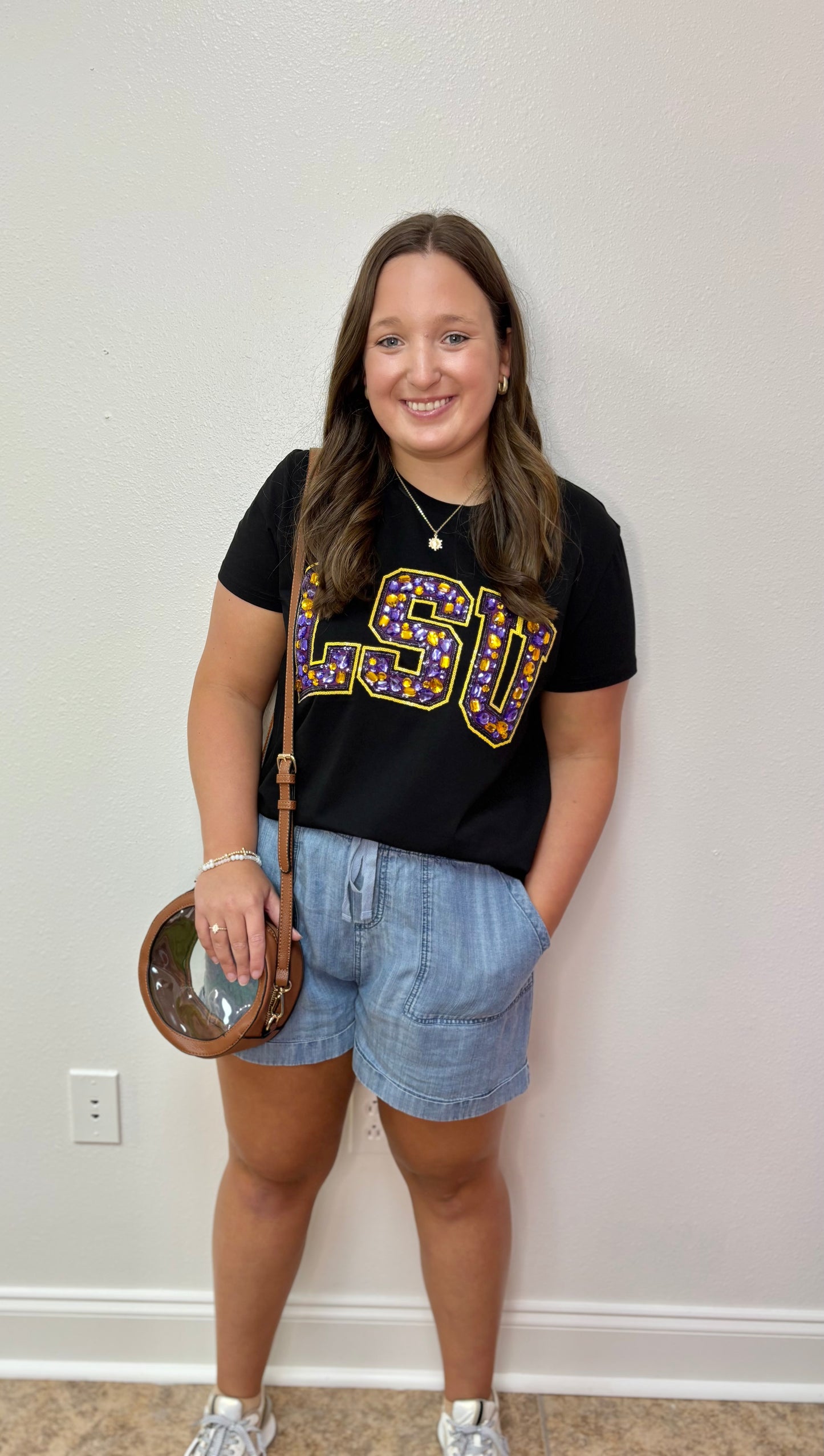 QOS Licensed 'LSU' Black with Multi Jewel Letter Tee