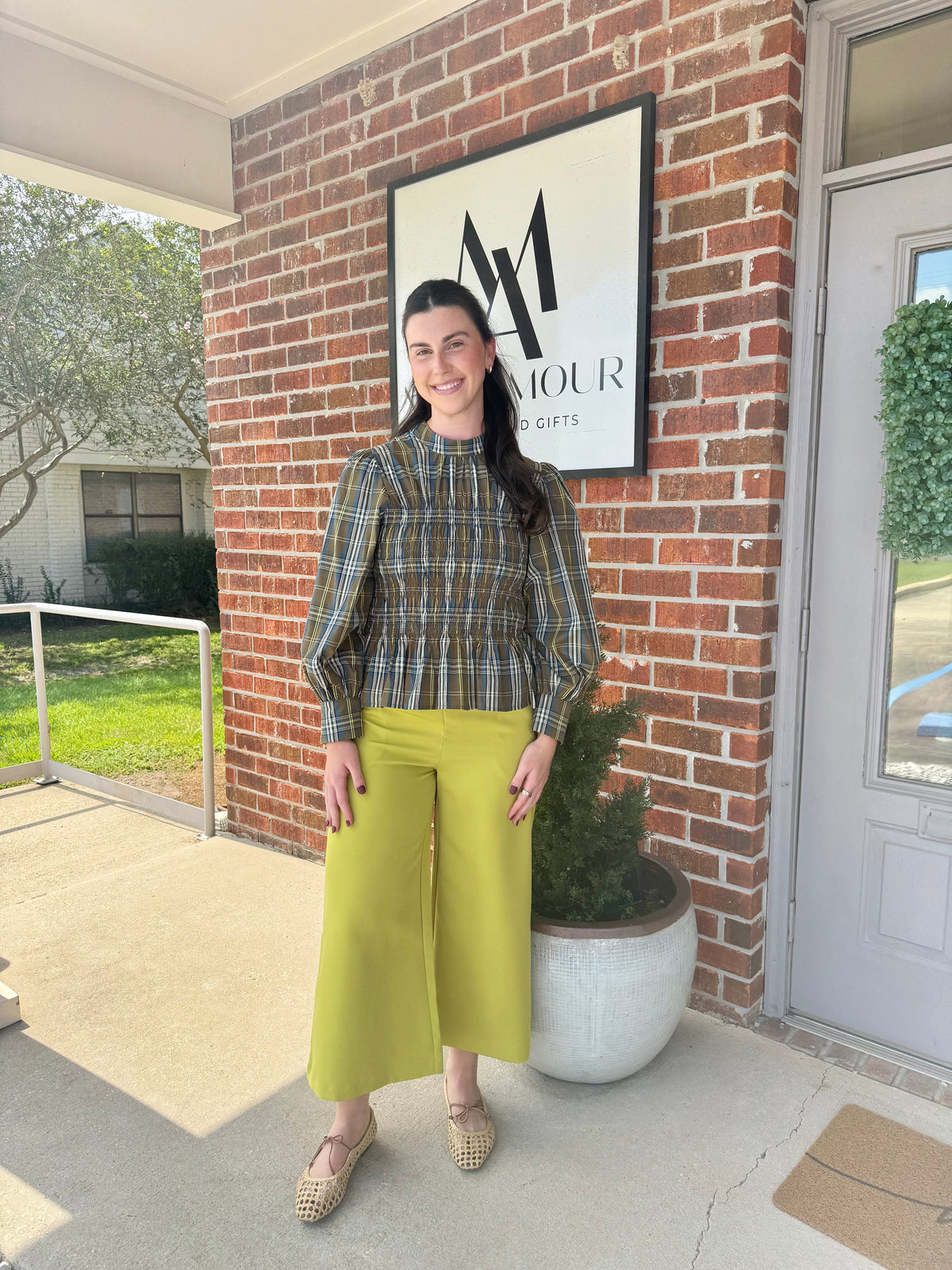 Smocked Plaid Woven Top