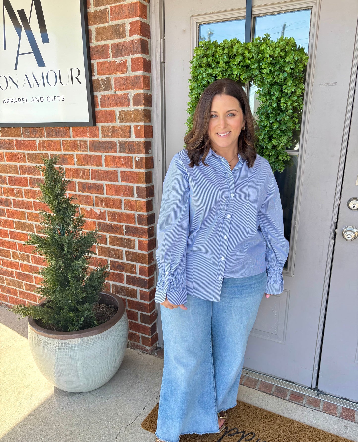 Adjustable Sleeve Button Front Woven Top