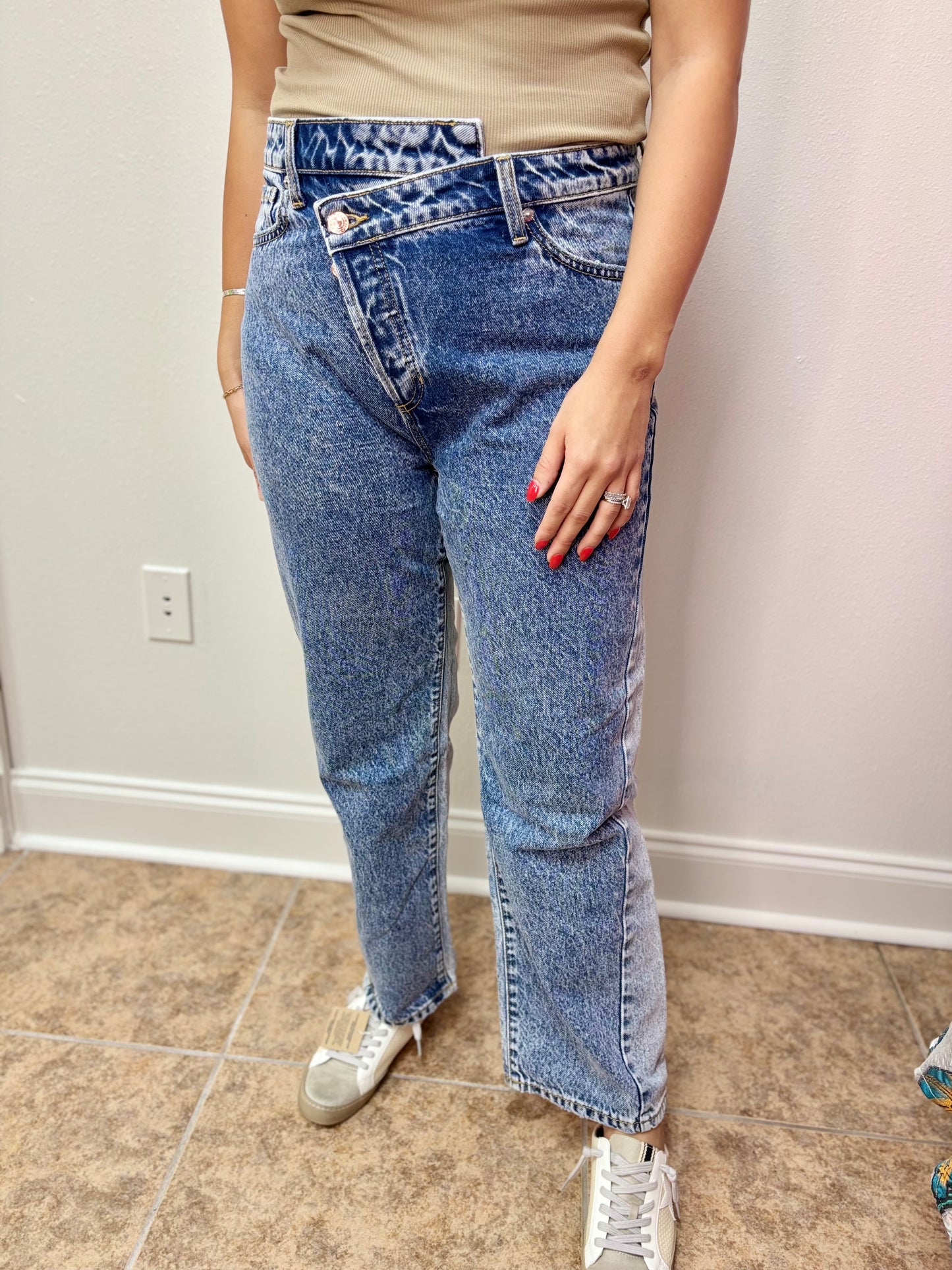 High Rise Straight Criss Cross Two Tone Jean