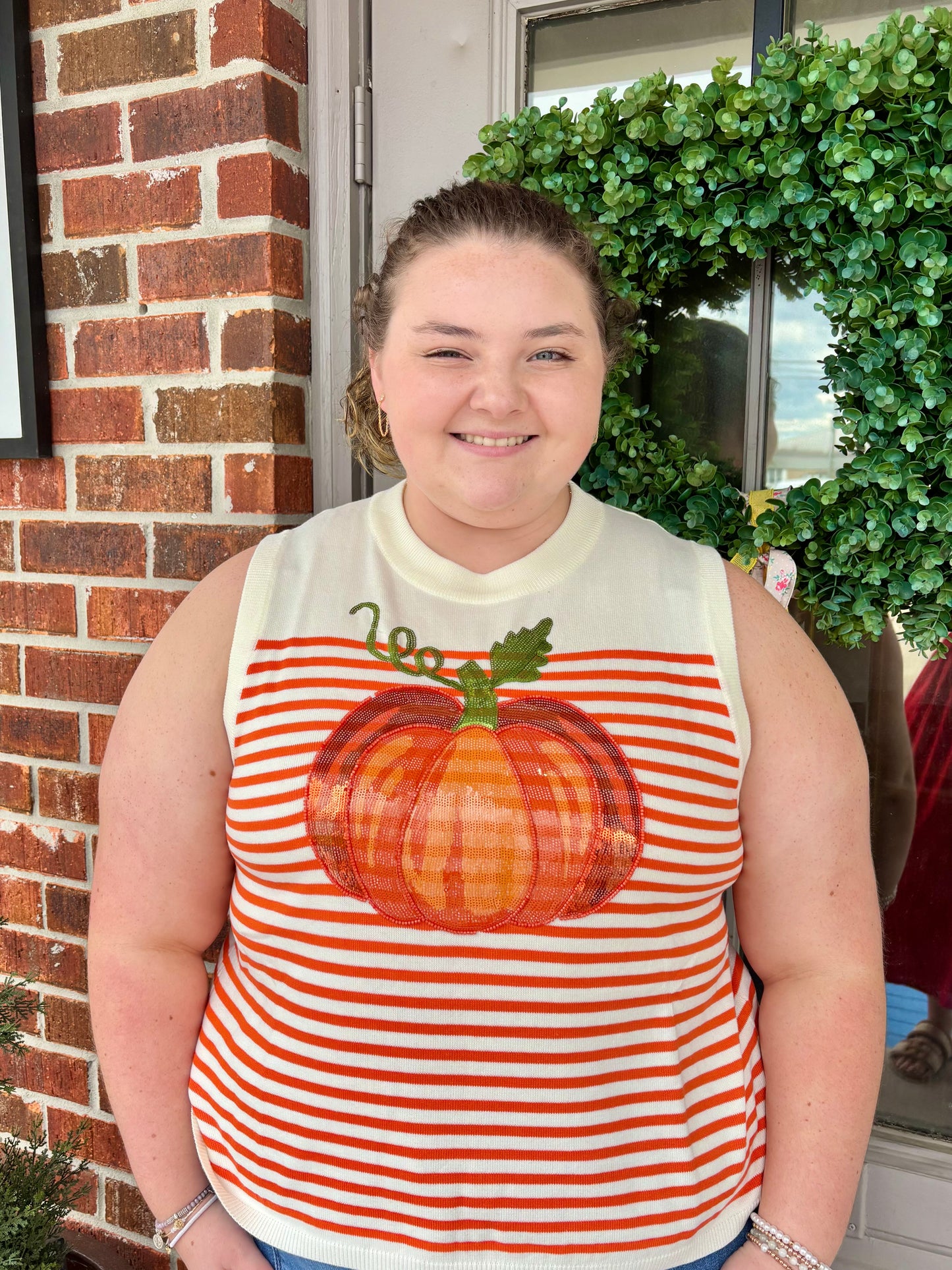 QOS Ivory and Orange Striped Pumpkin Tank