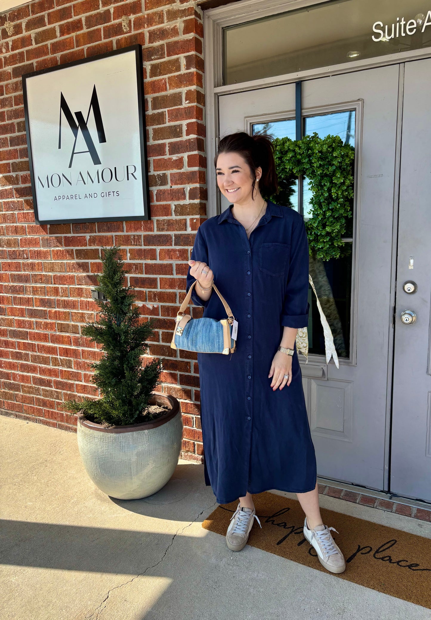 Nala Navy Rolled Tab Shirt Dress