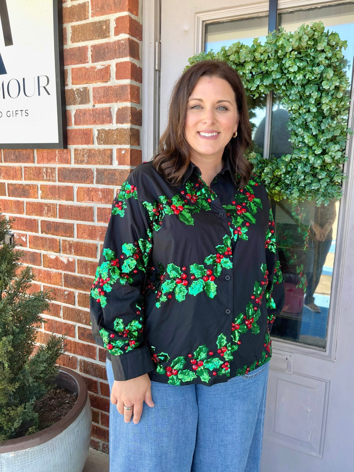 QOS Black, Green & Red Holly Button Up Top