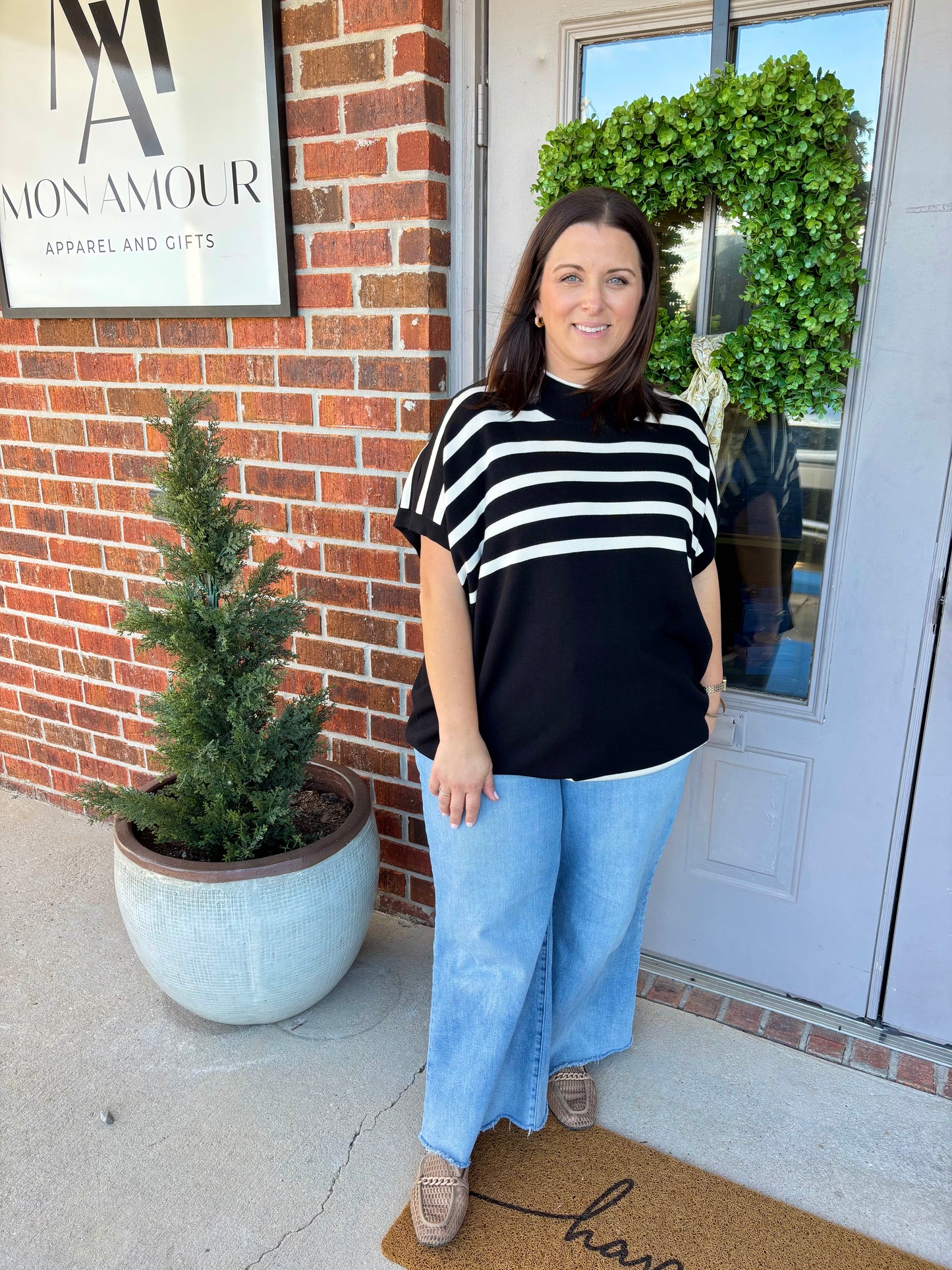 Black Striped Mock Neck Top