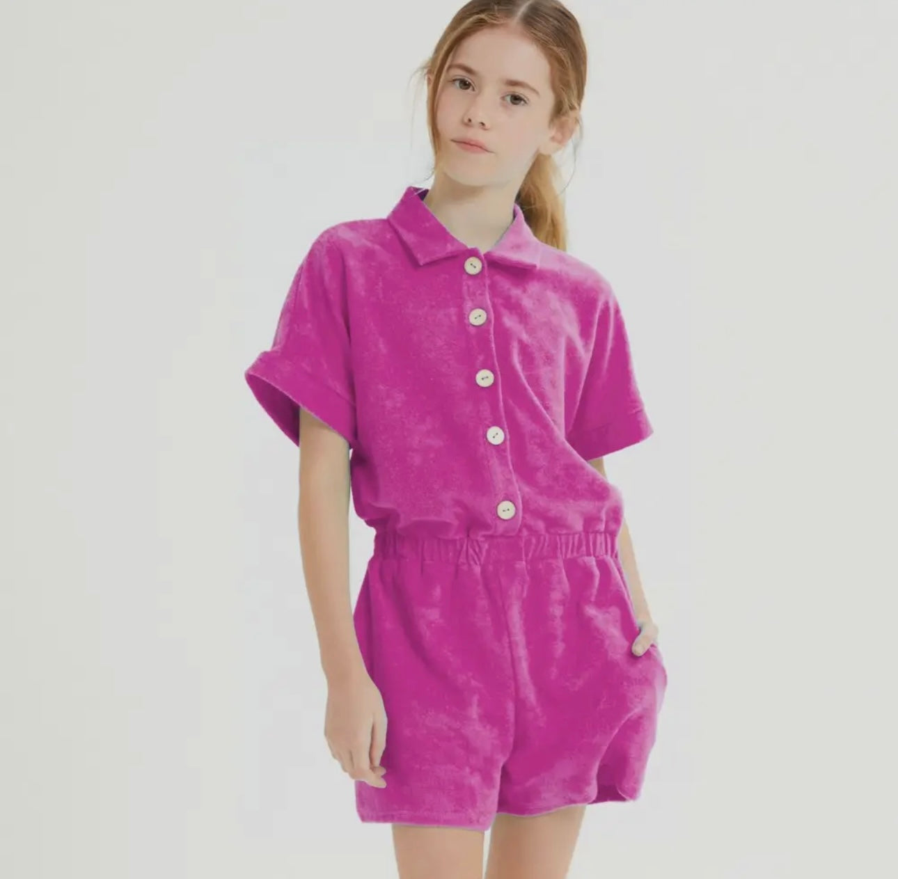 Tween Terry Cloth Button Up Romper