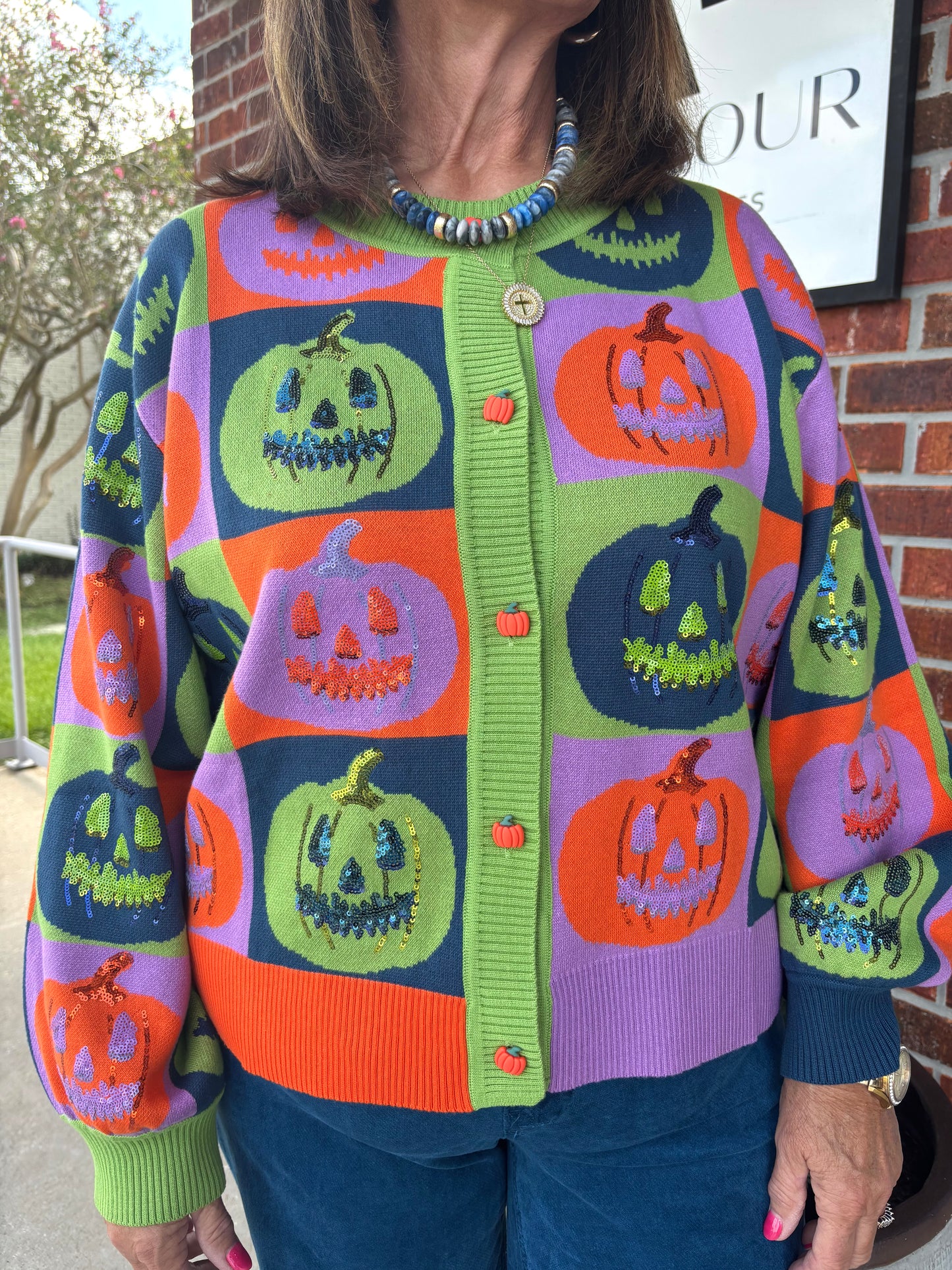 Queen of Sparkle Multi Checkered Pumpkin Button Up Cardigan