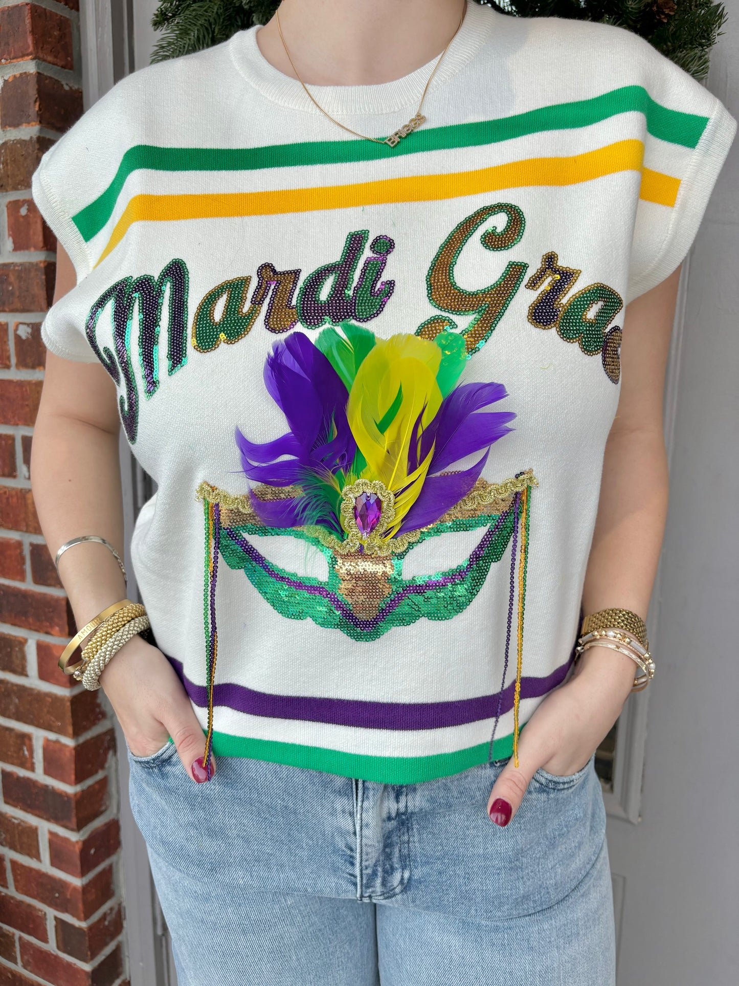 QOS White Striped Mardi Gras Mask Top