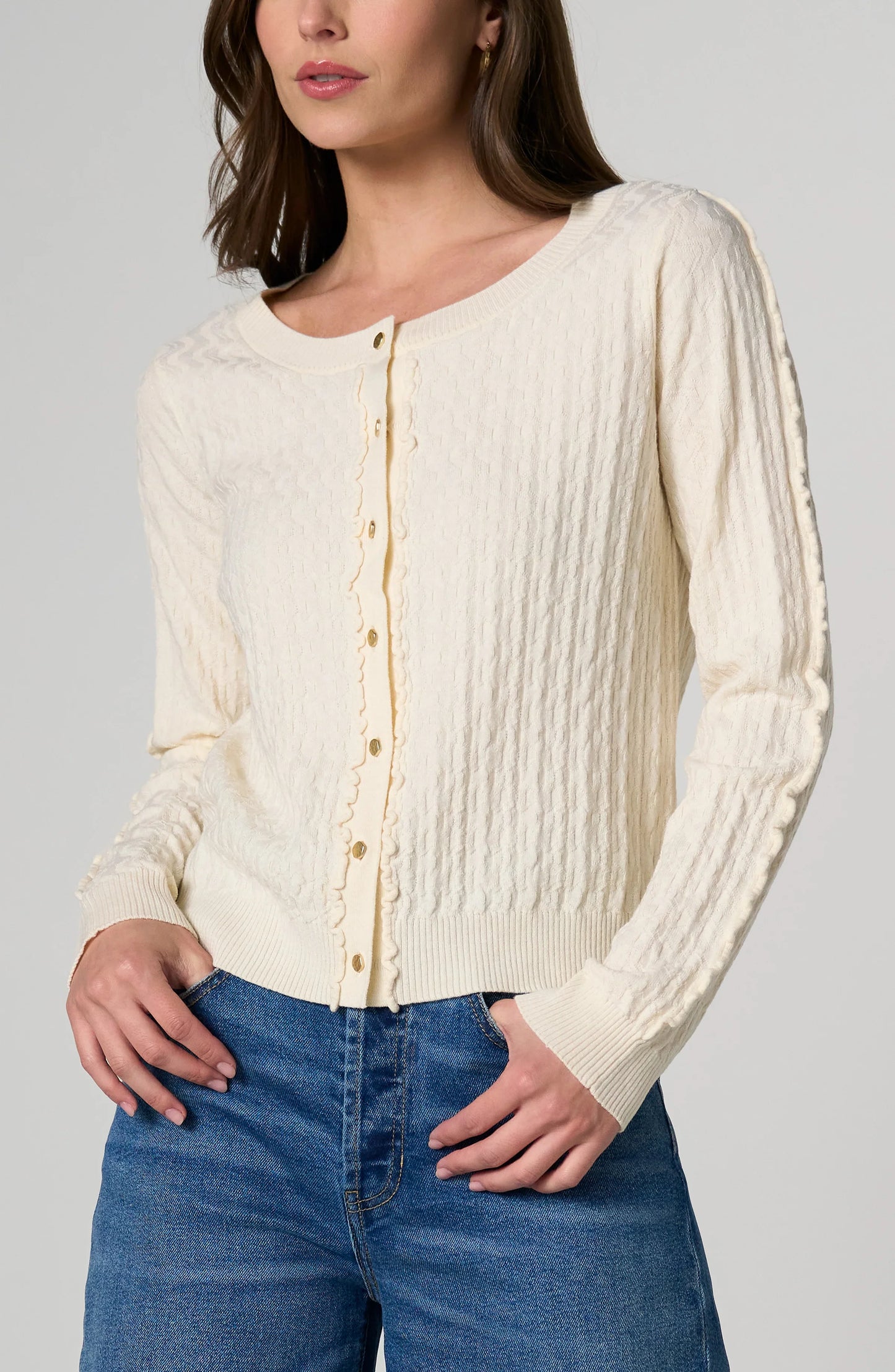 Button Front Cardigan Sweater W/ Ruffles
