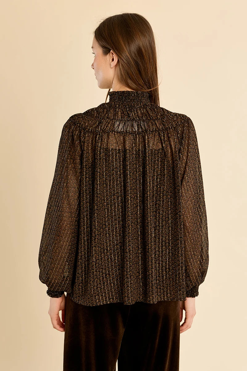 Black Faustine Semi-Sheer Ruched Blouse