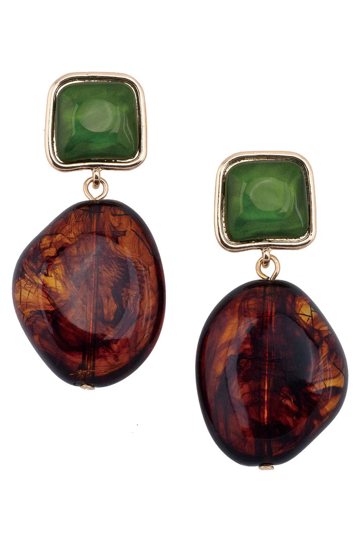 Gina Tortoise & Resin Drop Earrings in Green
