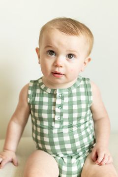Green Gingham Bamboo Henley Onesie