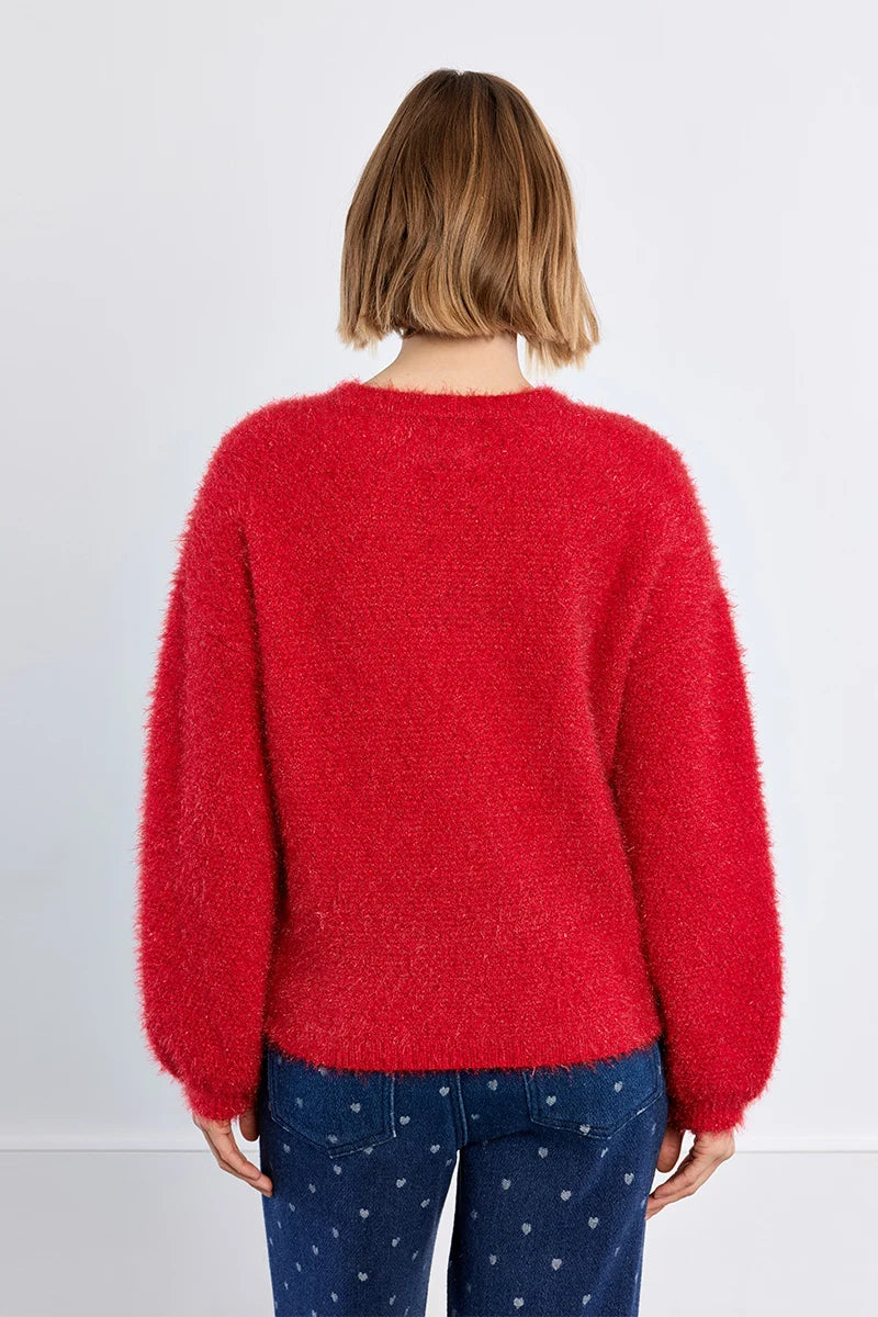 Red Chunky Sequined Knit Sweater