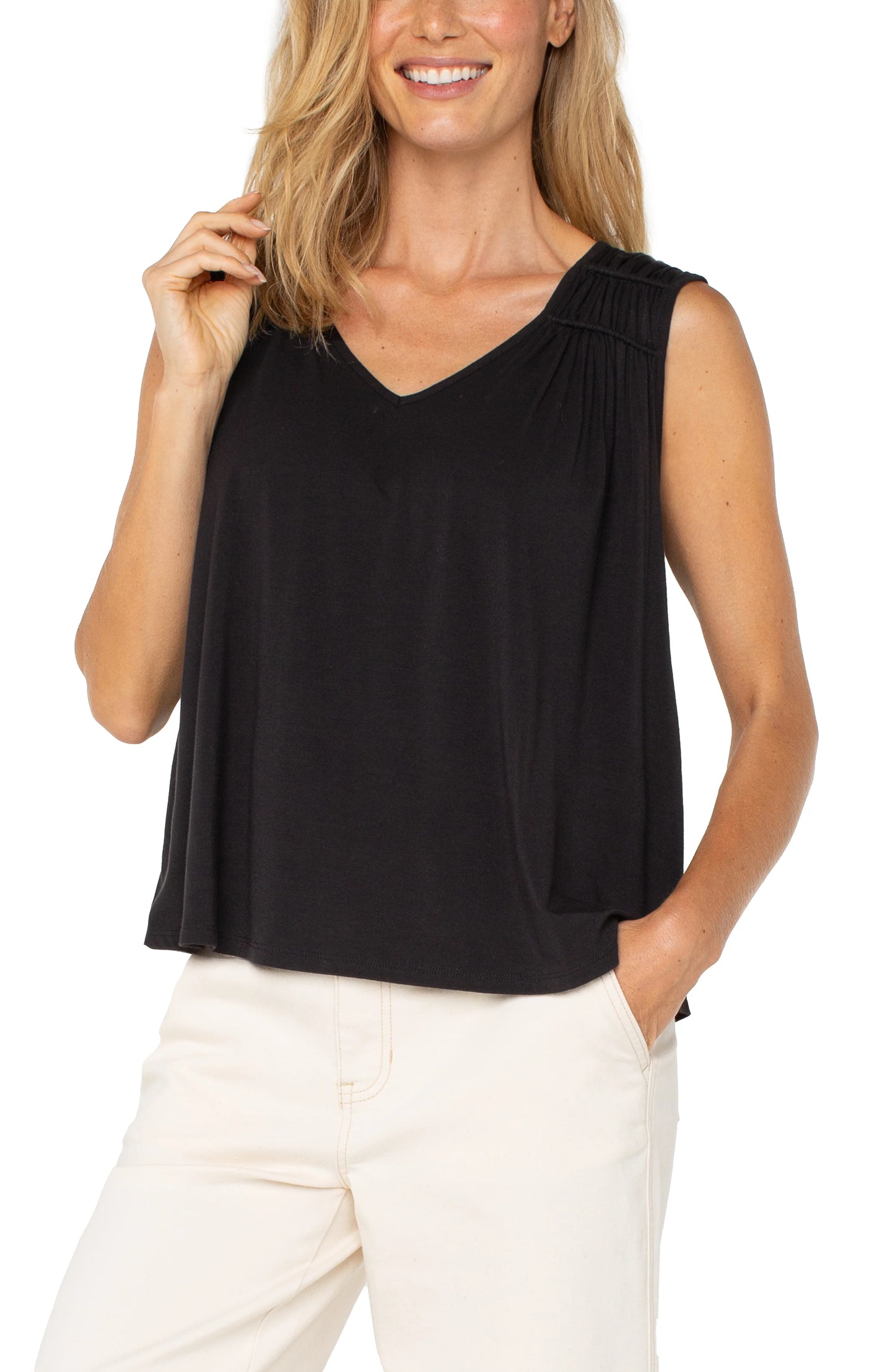 Betty Black Sleeveless Shirred Knit Top