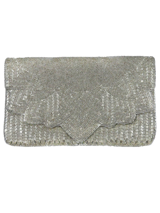 Silver Scalloped Beaded Clutch