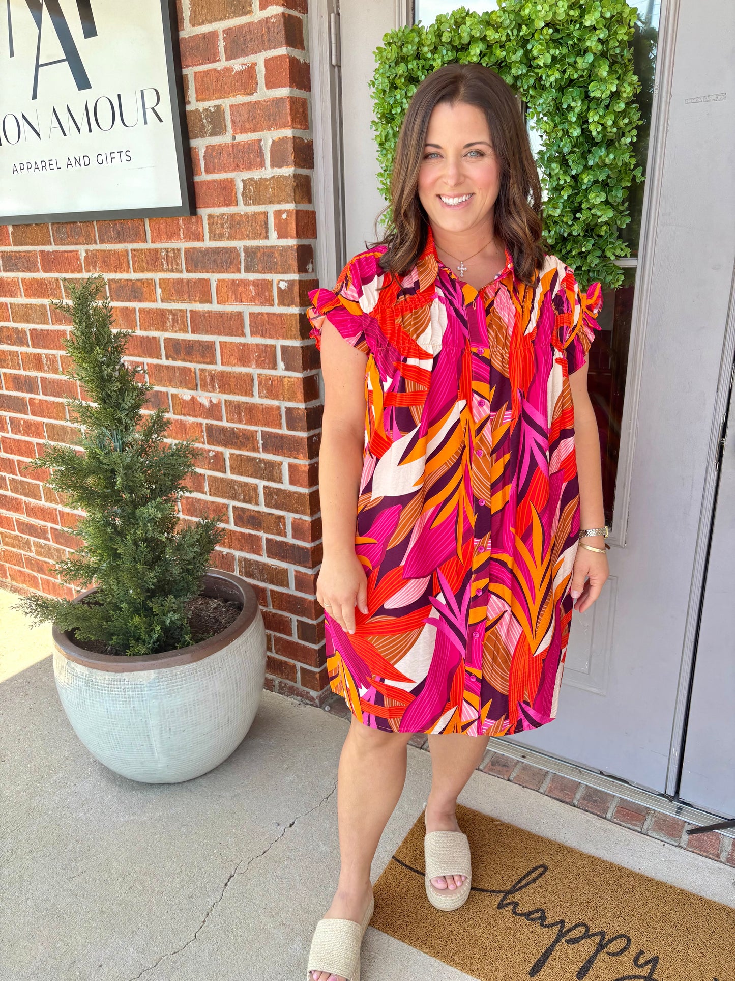 The Parish Polished Dress in Pink Leaf
