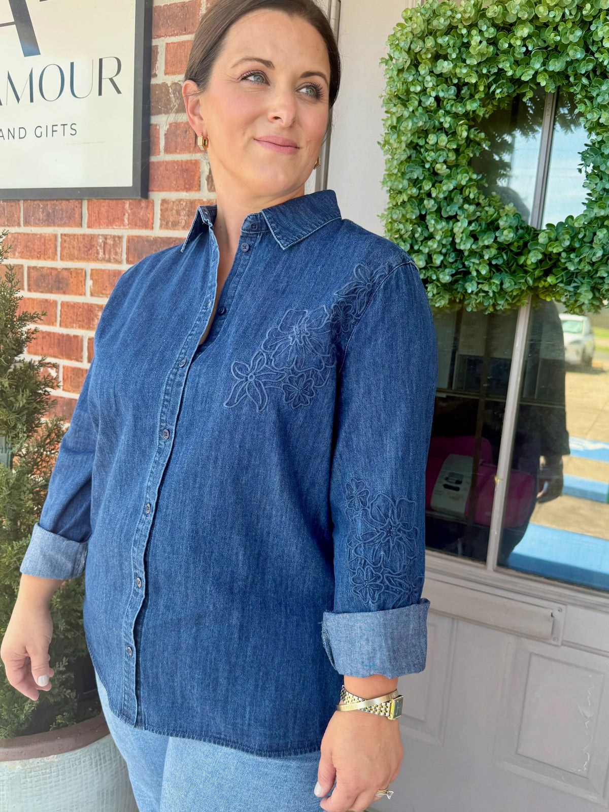 Edith Embroidered Denim Button Down