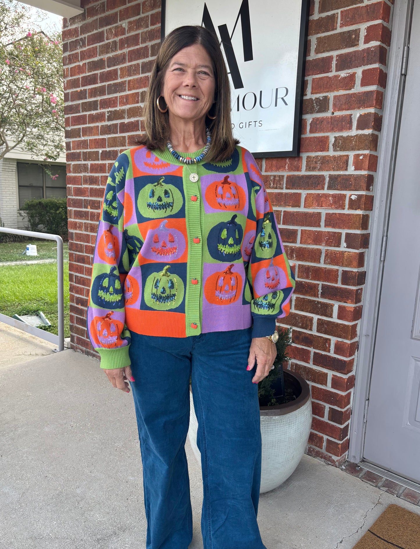 Queen of Sparkle Multi Checkered Pumpkin Button Up Cardigan