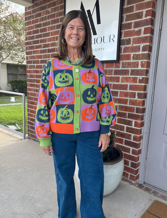 Queen of Sparkle Multi Checkered Pumpkin Button Up Cardigan