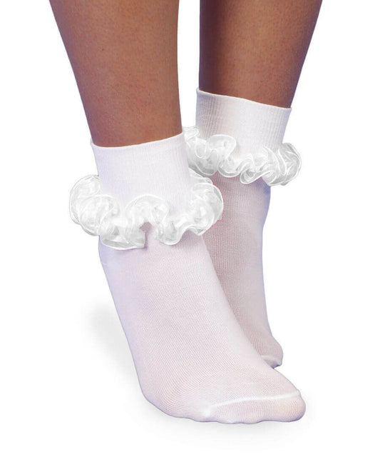 Smooth Toe Sheer Ribbon Tutu Lace Turn Cuff Socks- White