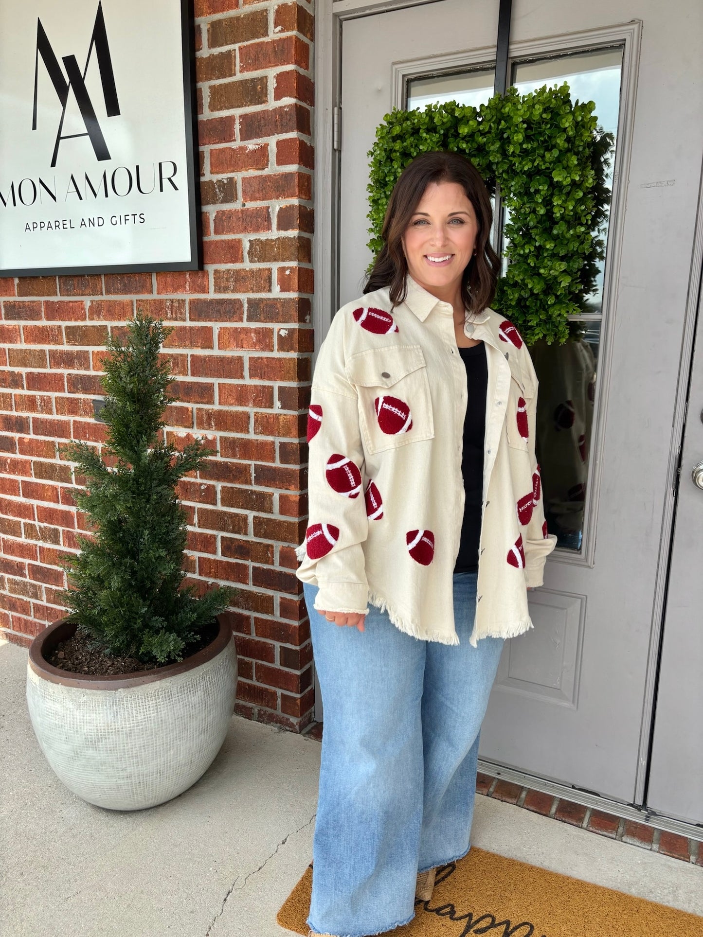 Fayla Football Patch Frayed Hem Jacket