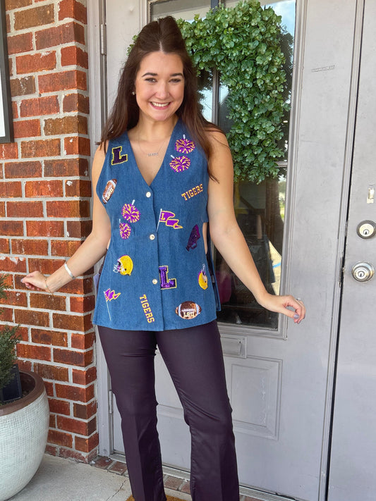 QOS Licensed LSU Denim Button Up