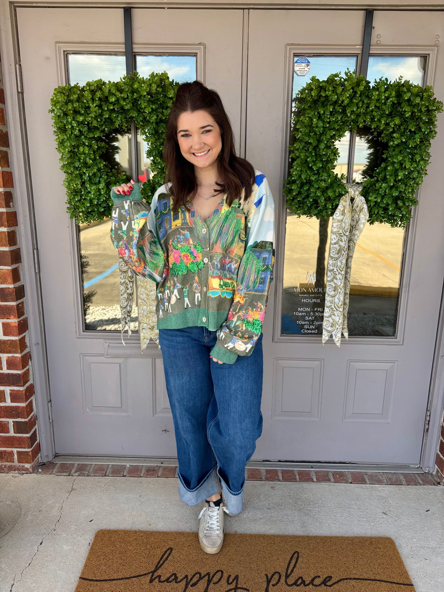 QOS Mardi Gras Parade Scene Button Up Cardigan