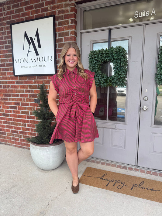 Pink Pinstripe Button Front Dress
