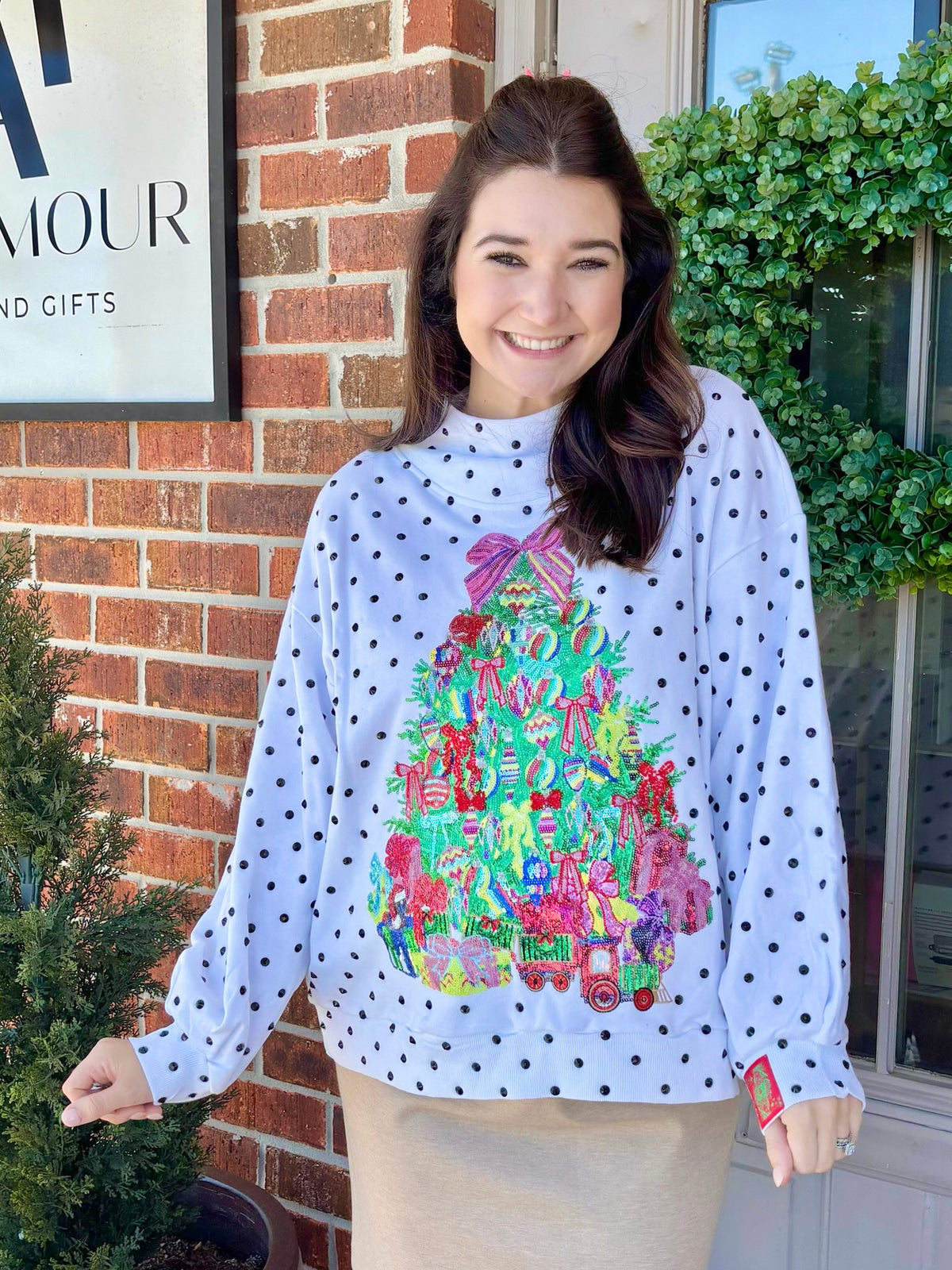 QOS White & Black Polka Dot Christmas Tree Mockneck Sweatshirt