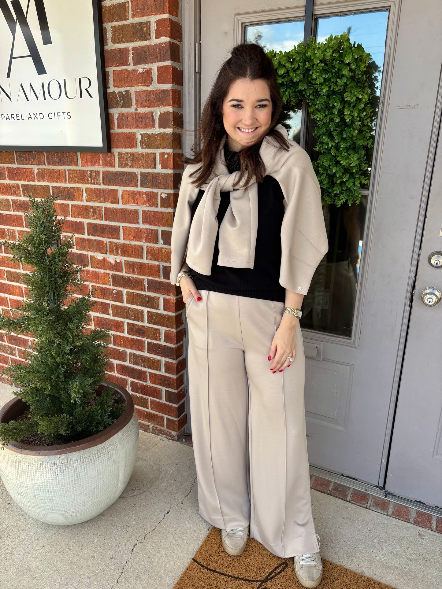 Ecru Bomber Jacket Wide Leg Set