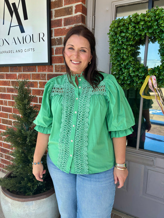 Paris Green Button Lace Top