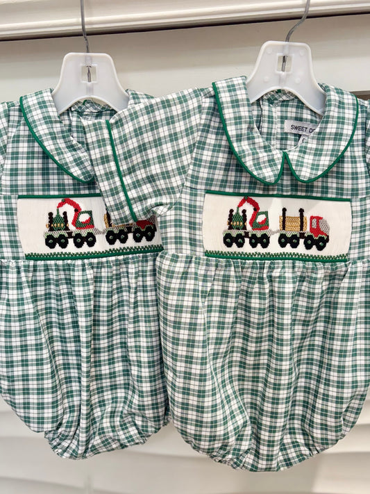 Tractor Smocked Green Plaid Bubble