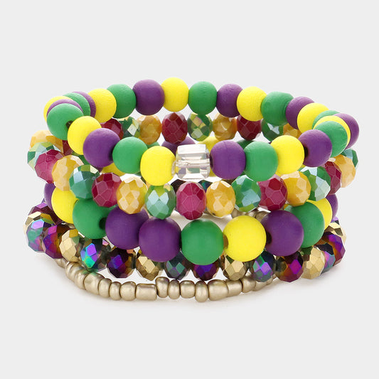 5 piece Mardi Gras Wooden Ball Bracelet Set