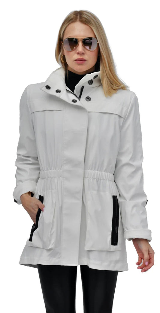 Tess Antique White and Black Trim Rain Jacket