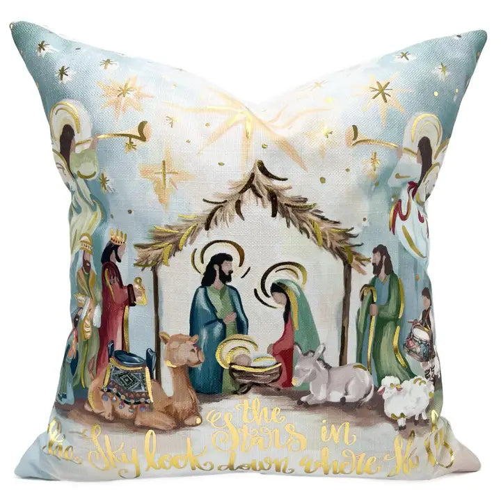 Gold Foil Muted Stars Nativity Pillow- Velvet