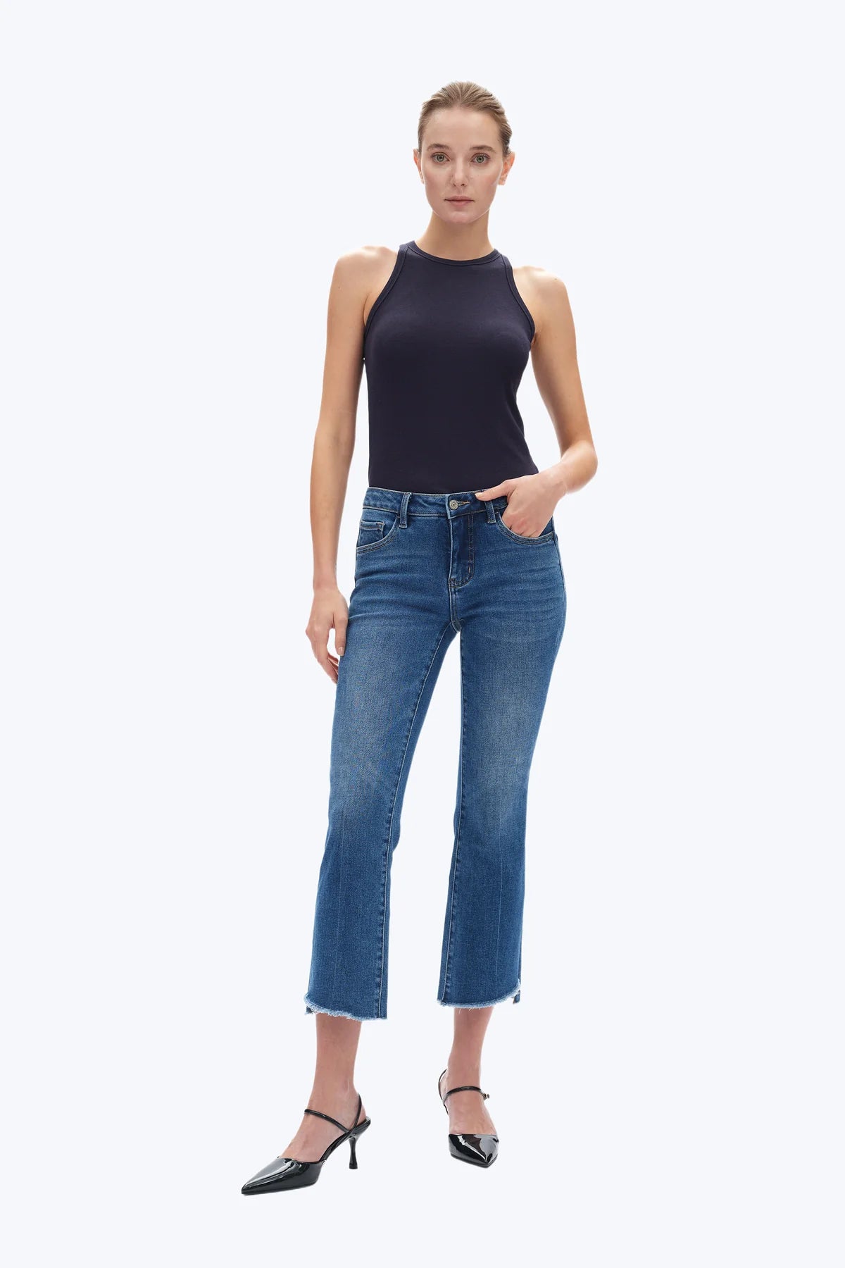Mid Rise Cropped Stepped Hem Bootcut Jeans in Diamonds