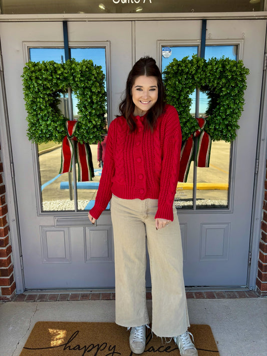 Ruby Red Cable Knit Sweater Cardigan