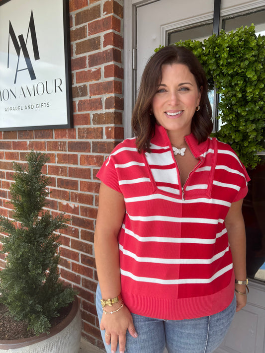 Red Combo Quarter Zip Sweater