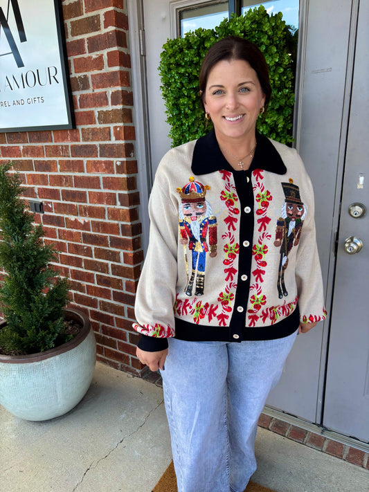 QOS Black Trim Collar Nutcracker Button Up Cardigan