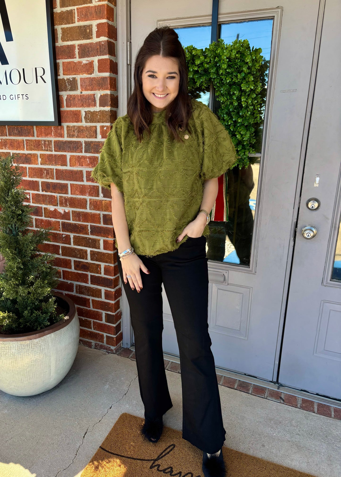 Farrah Freyed Button Detail Top