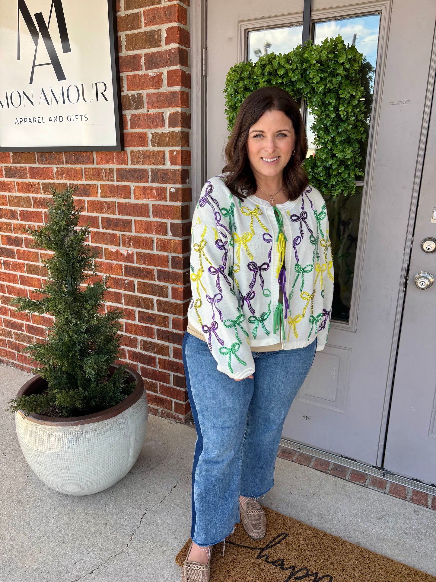 QOS White Mardi Gras Bow Tie Up Sweater