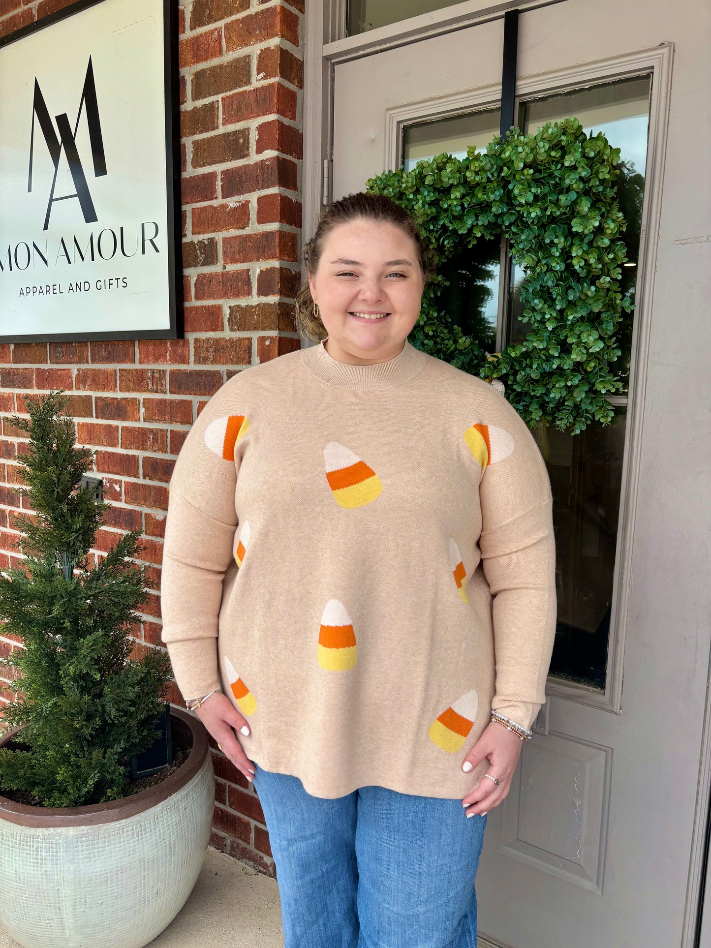 One Size Tan Candy Corn Jacquard Sweater