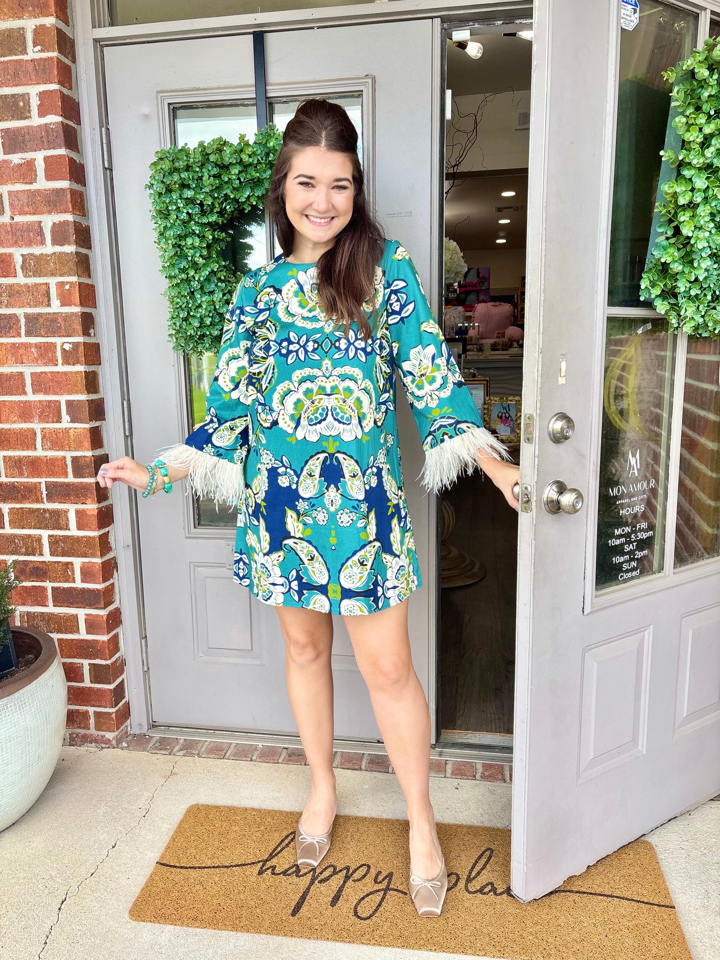 Floral Feather Trim Mini Dress