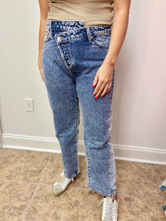 High Rise Straight Criss Cross Two Tone Jean