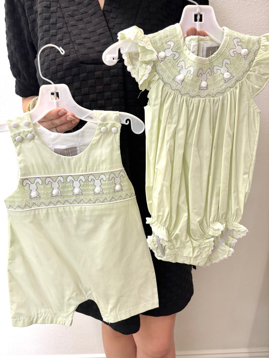 Honeydew Green Bunny Smocked Flutter Romper